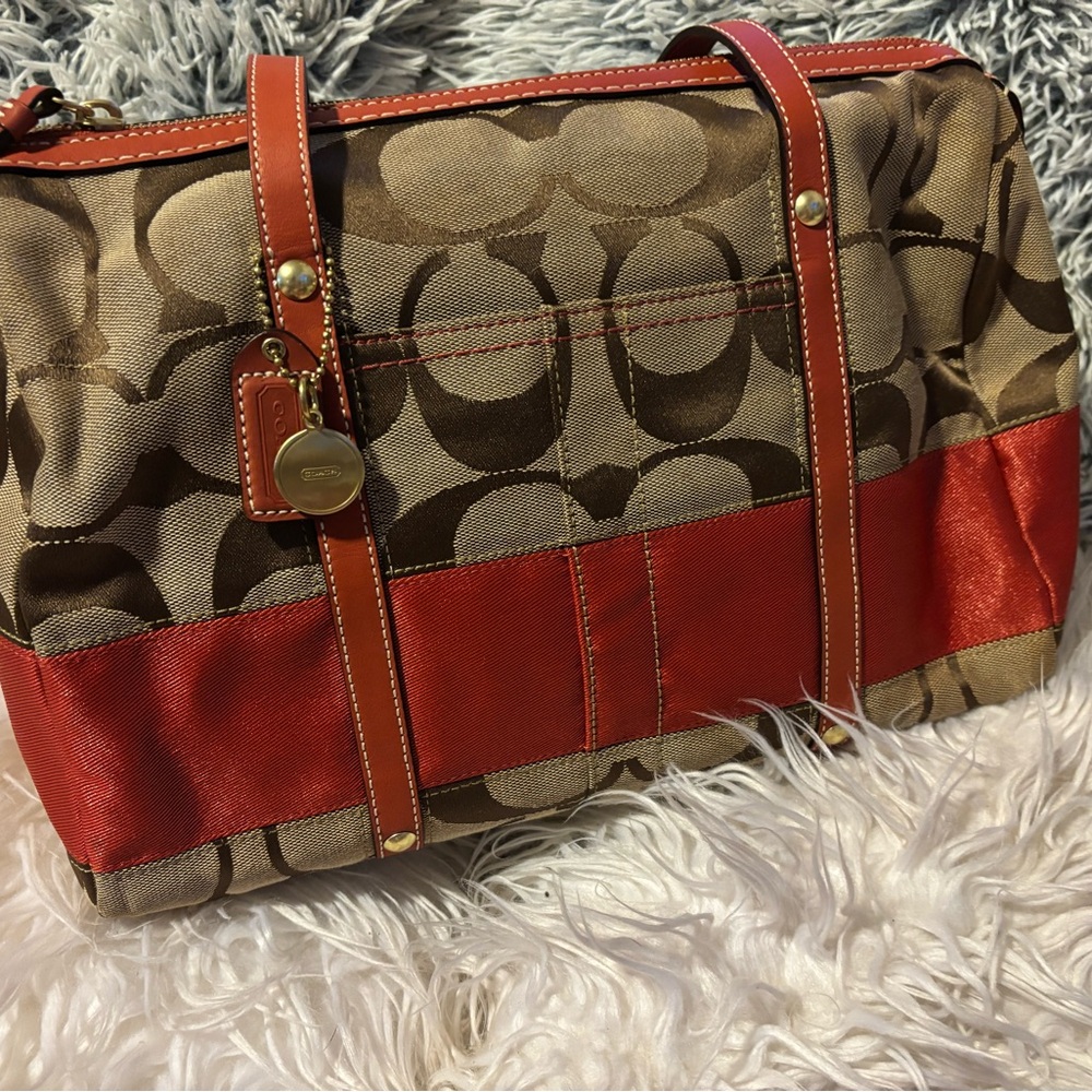 Coach Signature Canvas and Red Leather Bag